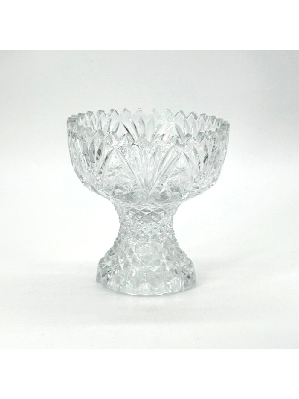 Vintage EAPG Footed Clear Cut Glass Bowl With Sawtooth Rim 5" Tall Heavy Decorat